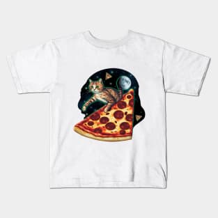 Explorer cat riding a slice of pizza in space Kids T-Shirt